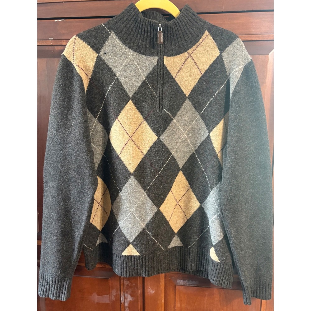 J.Crew Mens Large Lambswool Argyle Quarter Zip Sweater Charcoal Grey Elbow Patch